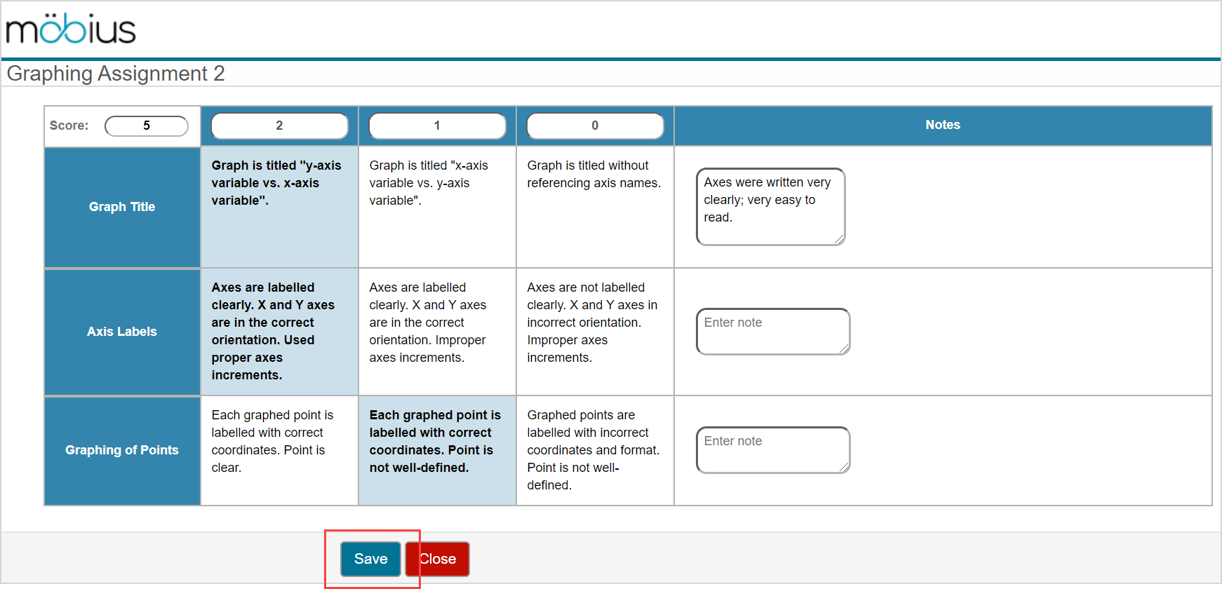 The save button is below the rubric table.